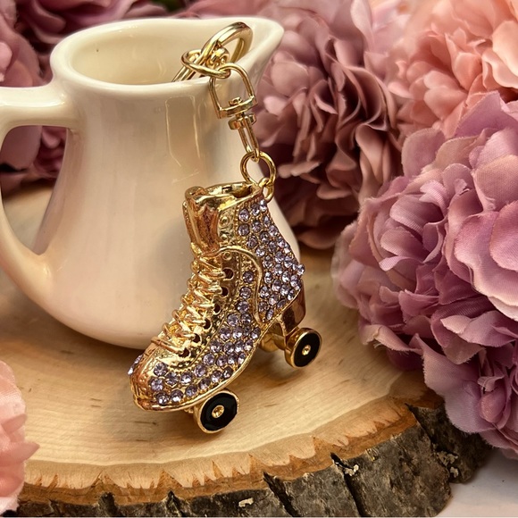 Purple and Gold Crystal Roller Skate Keychain Charm - Picture 3 of 16